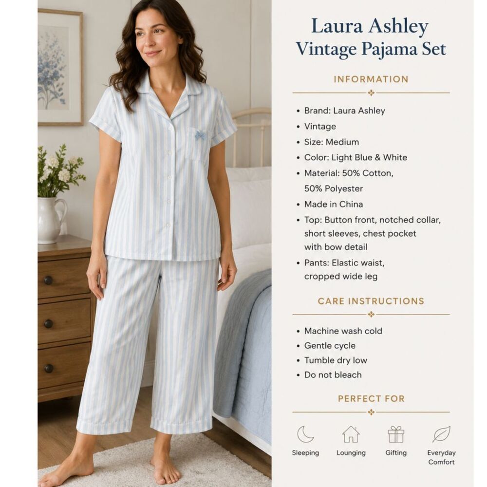 Laura Ashley Blue & White Stripe Pajama Set Cotton Blend Capri Sleepwear Y2K